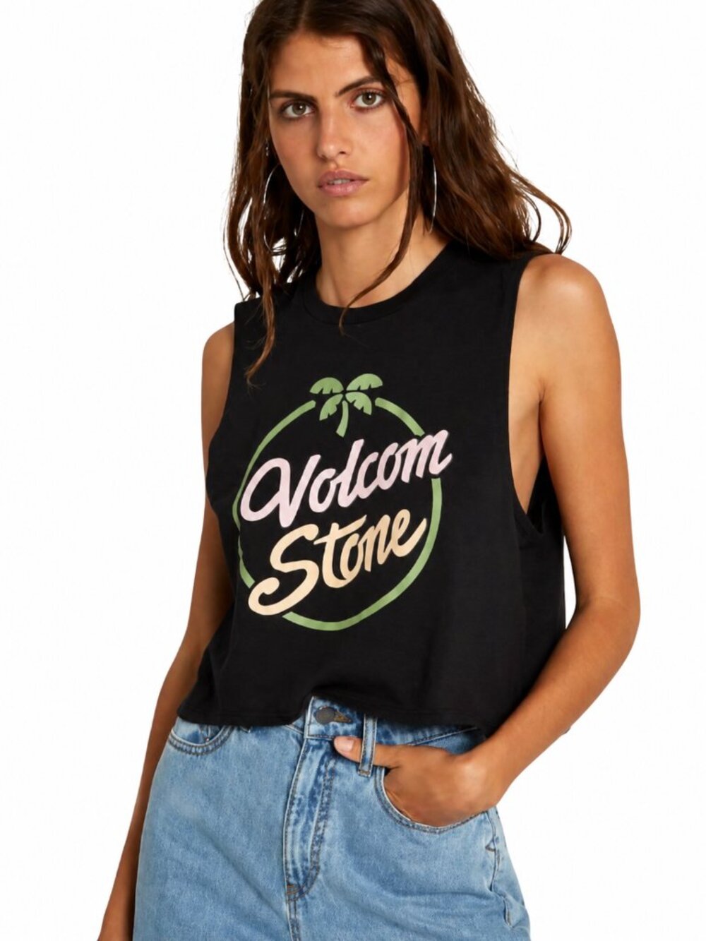 Volcom Stone Logo Cropped Tank Top in Black Small